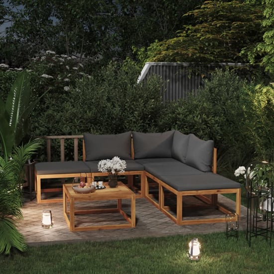 Product photograph of Basile Solid Wood 6 Piece Garden Lounge Set With Grey Cushions from Furniture in Fashion