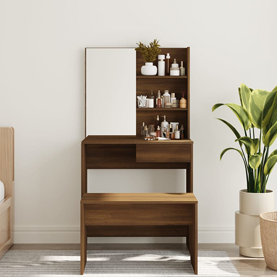 Basile Wooden Dressing Table With Mirror In Brown Oak
