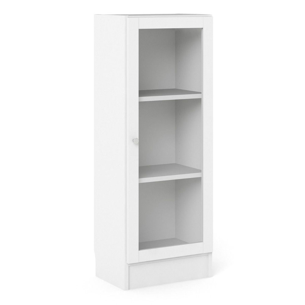 Baskon Low Narrow Wooden Storage Cabinet with 1 Glass Door in White