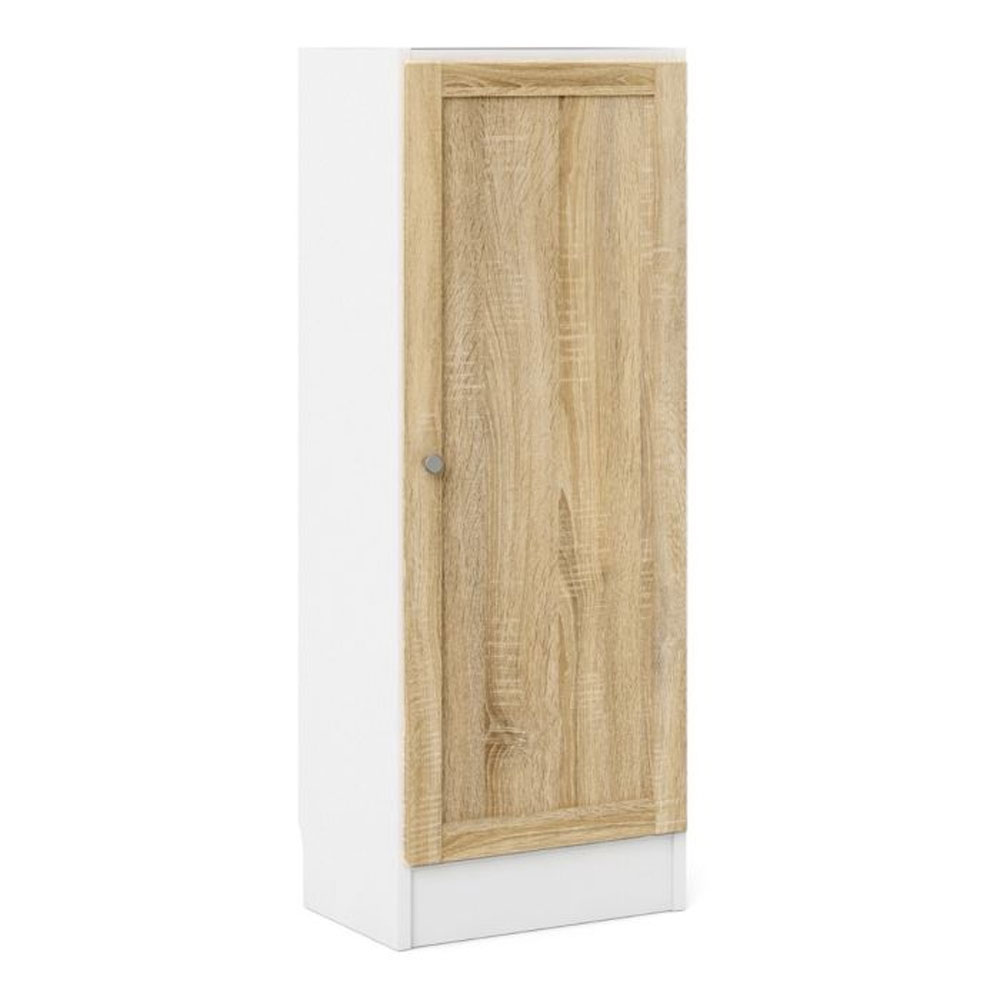 Baskon Low Narrow Wooden Storage Cabinet with 1 Oak Door in White