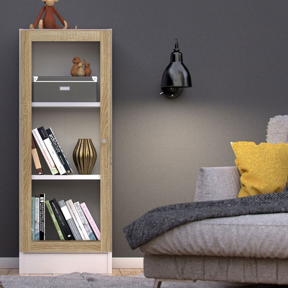 Baskon Low Narrow Wooden Storage Cabinet with 1 Oak Glass Door in White