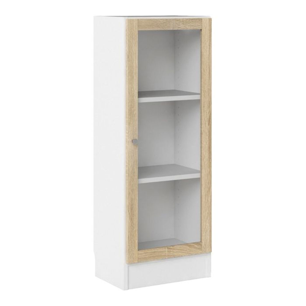 Baskon Low Narrow Wooden Storage Cabinet with 1 Oak Glass Door in White