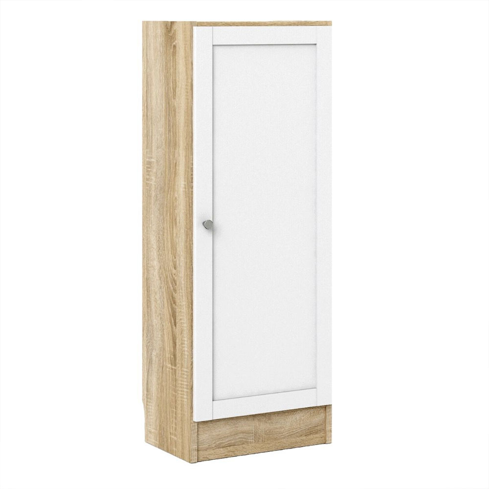 Baskon Low Narrow Wooden Storage Cabinet with 1 White Door in Oak