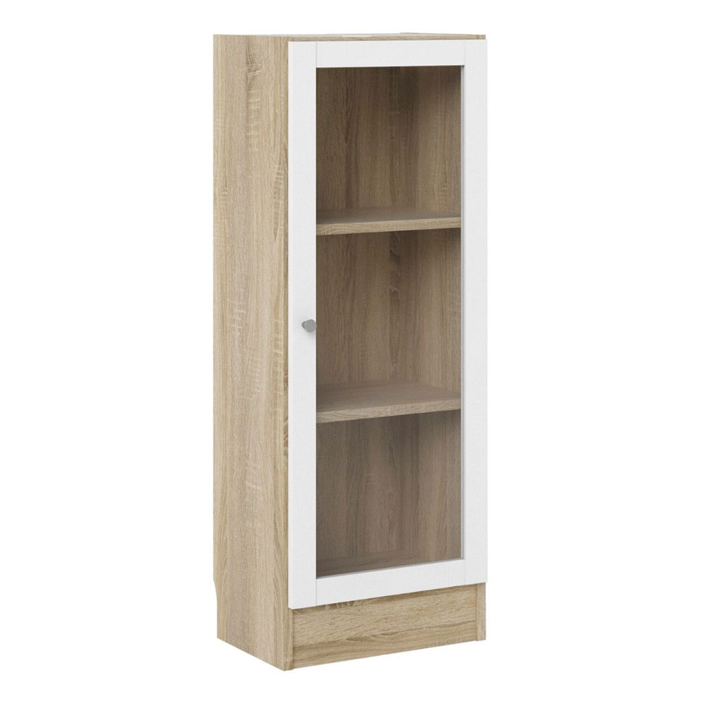 Baskon Low Narrow Wooden Storage Cabinet with 1 White Glass Door in Oak