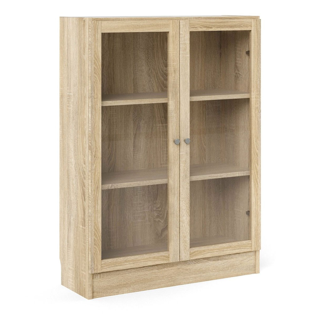 Baskon Low Wide Wooden Display Cabinet with 2 Glass Doors in Oak