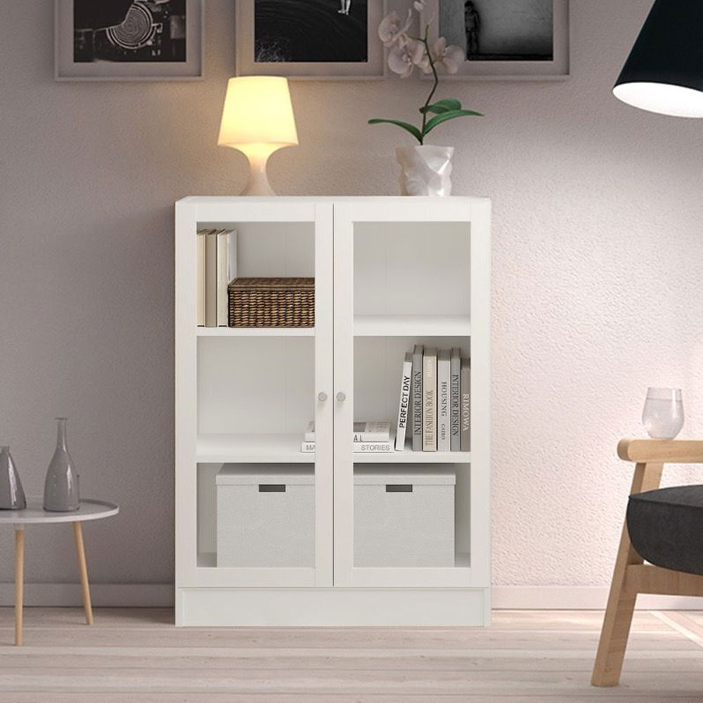 Baskon Low Wide Wooden Display Cabinet with 2 Glass Doors in White