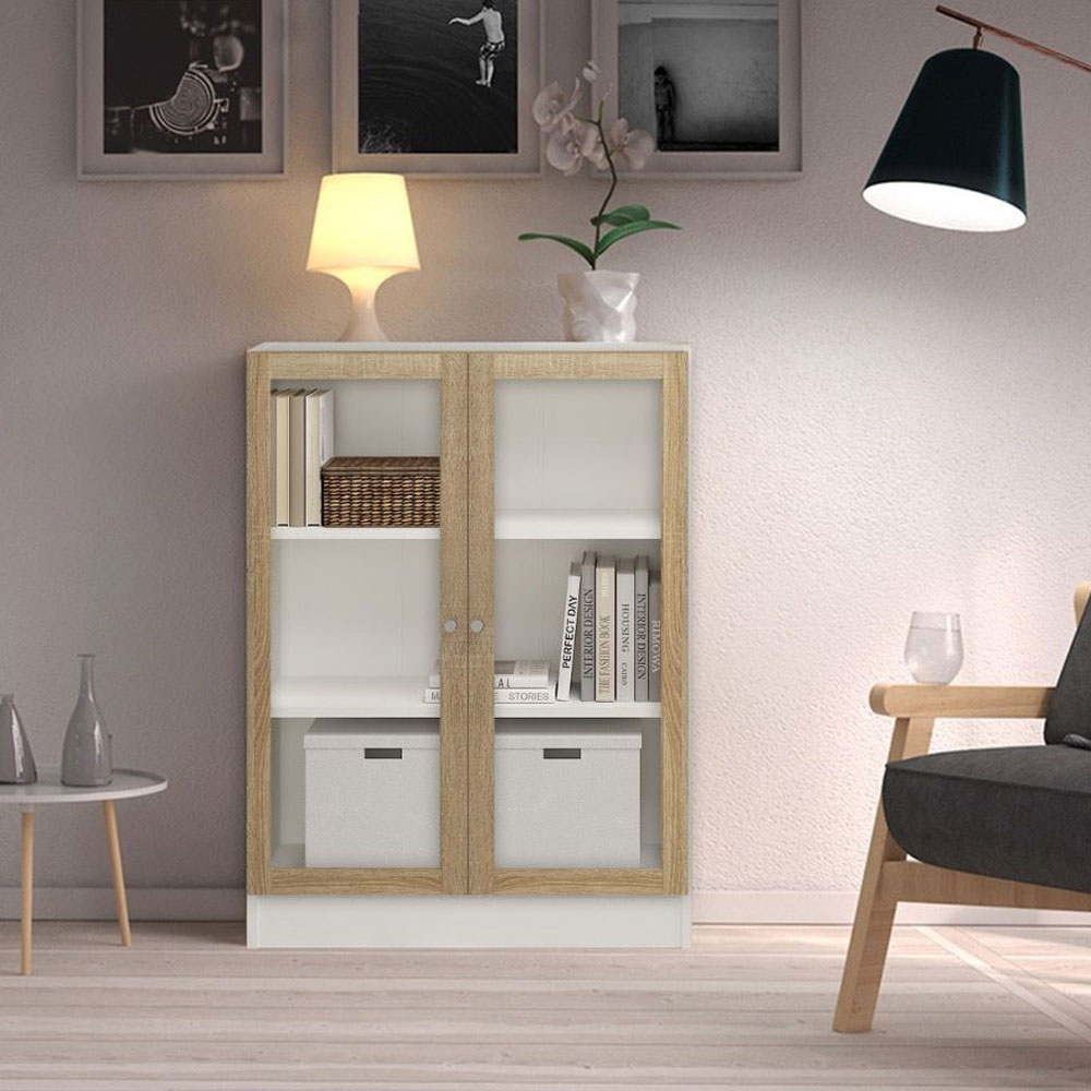 Baskon Low Wide Wooden Display Cabinet with 2 Oak Glass Doors in White