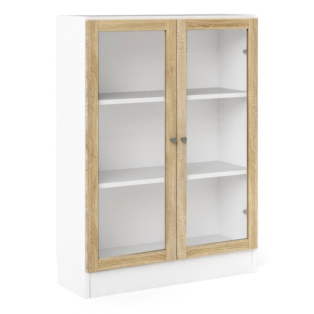 Baskon Low Wide Wooden Display Cabinet with 2 Oak Glass Doors in White