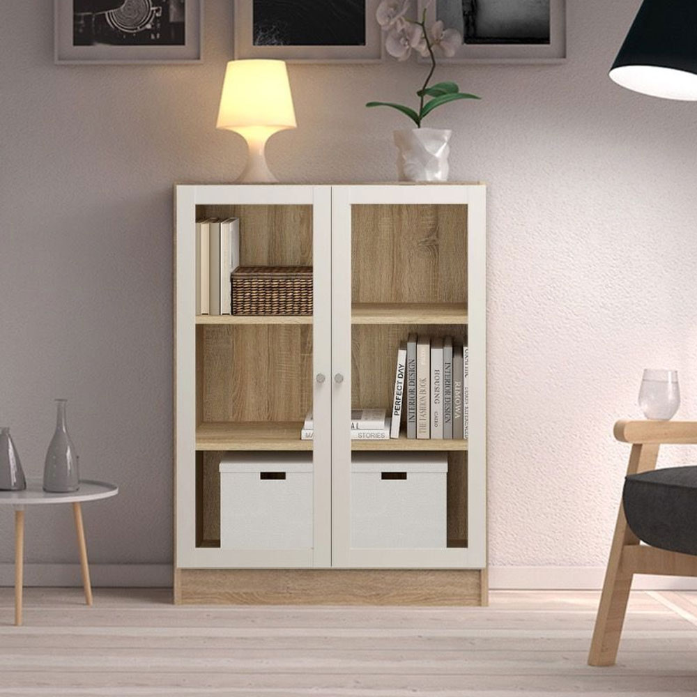 Baskon Low Wide Wooden Display Cabinet with 2 White Glass Doors in Oak