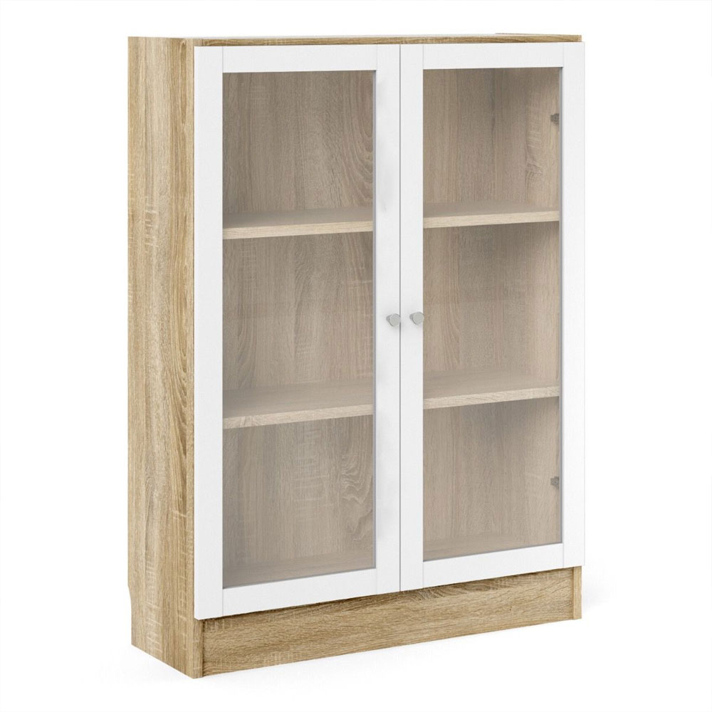 Baskon Low Wide Wooden Display Cabinet with 2 White Glass Doors in Oak