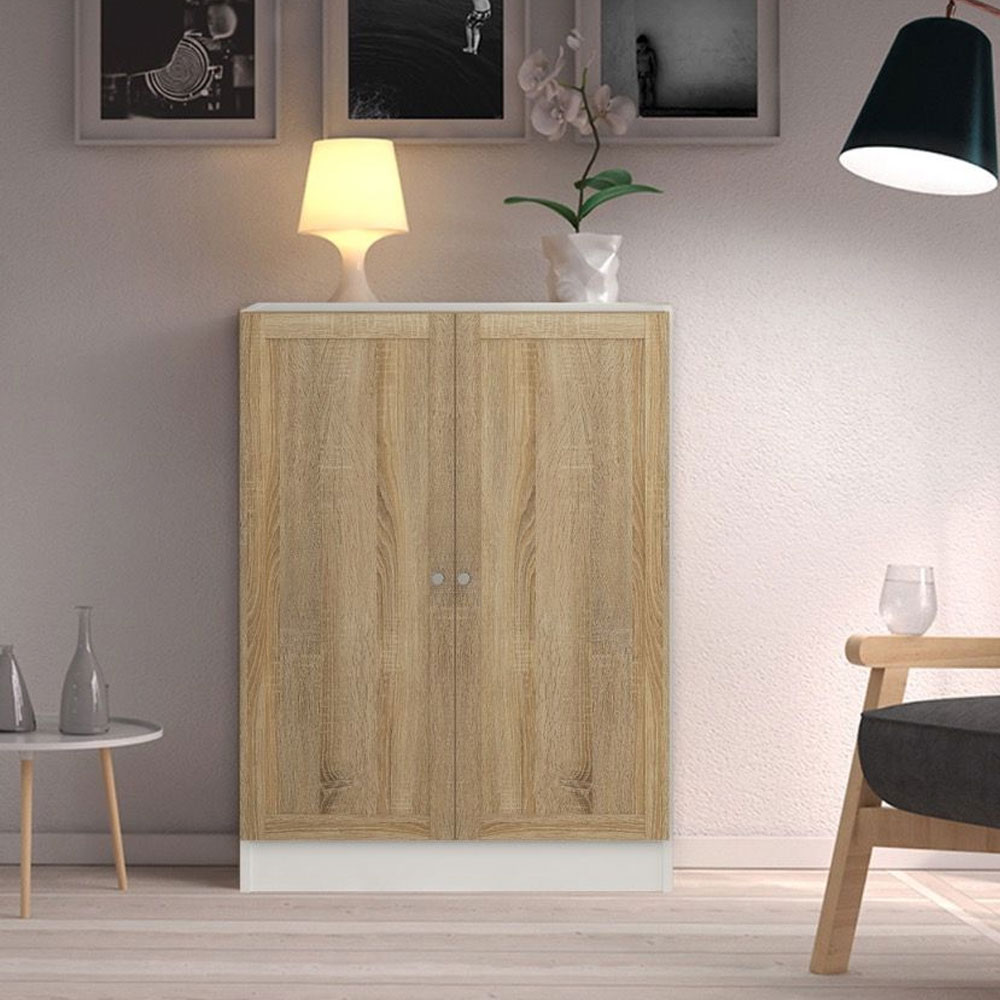 Baskon Low Wide Wooden Storage Cabinet with 2 Oak Doors in White