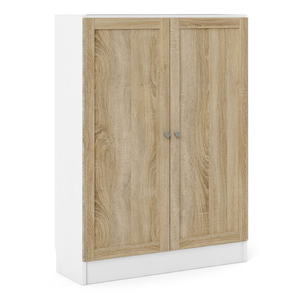 Baskon Low Wide Wooden Storage Cabinet with 2 Oak Doors in White