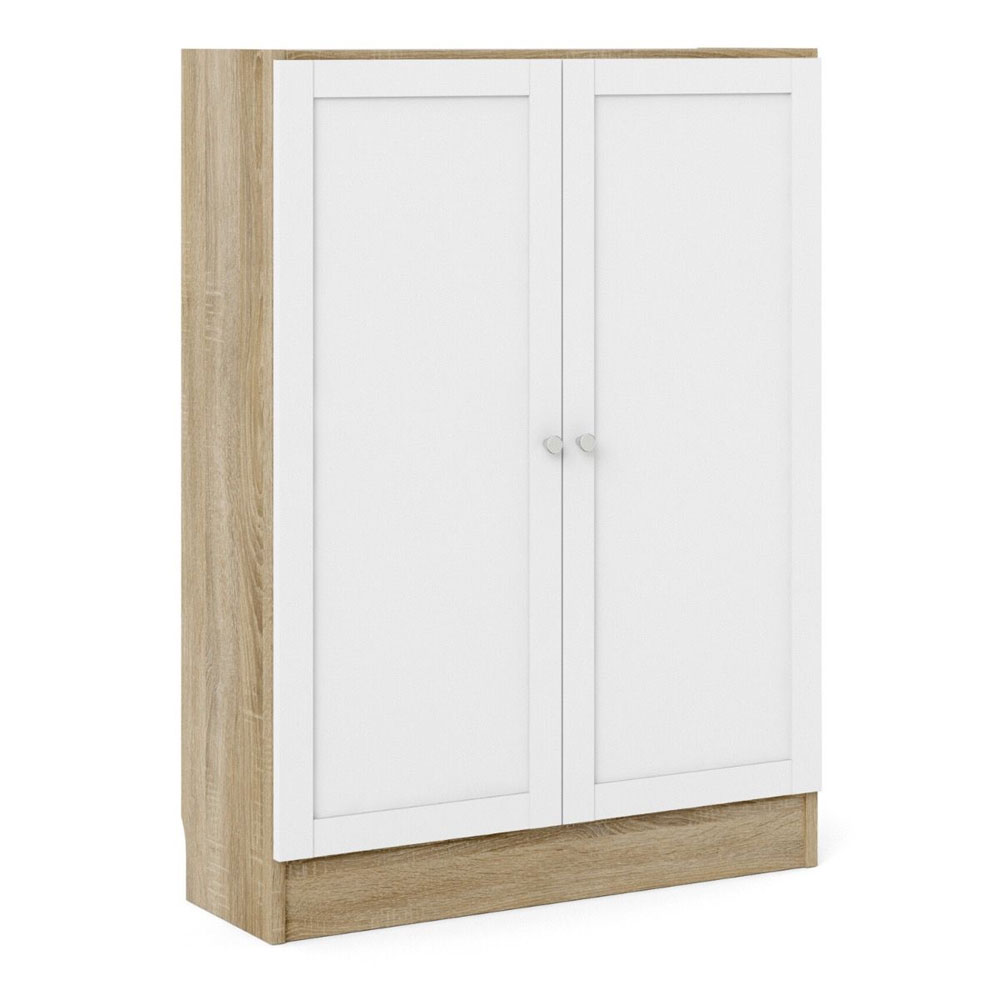 Baskon Low Wide Wooden Storage Cabinet with 2 White Doors in Oak