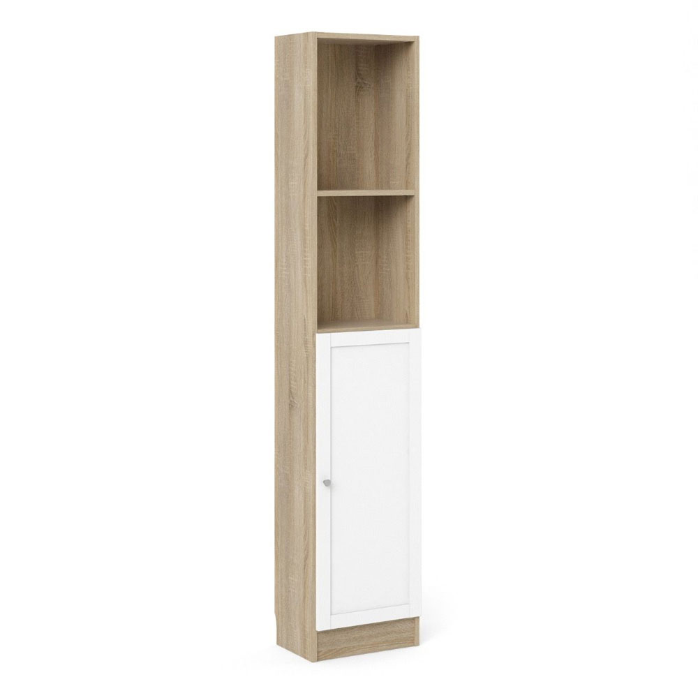 Baskon Tall Narrow Wooden Bookcase in Oak and White