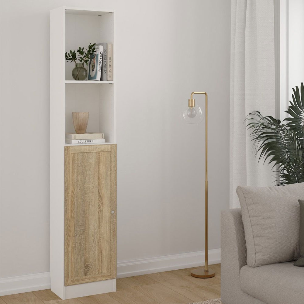 Baskon Tall Narrow Wooden Bookcase in White and Oak