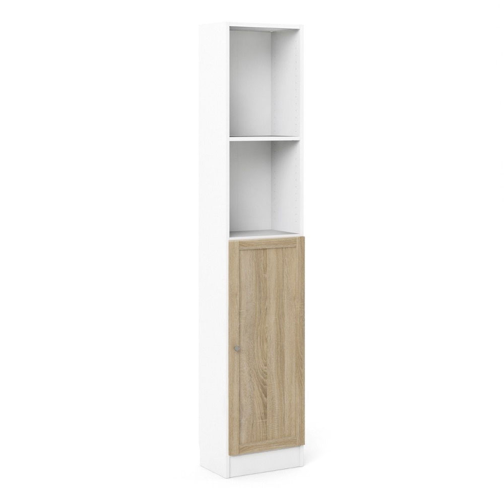 Baskon Tall Narrow Wooden Bookcase in White and Oak