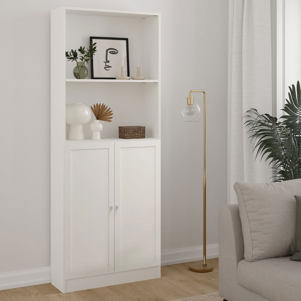 Baskon Tall Wide Wooden Bookcase with 2 Doors in White