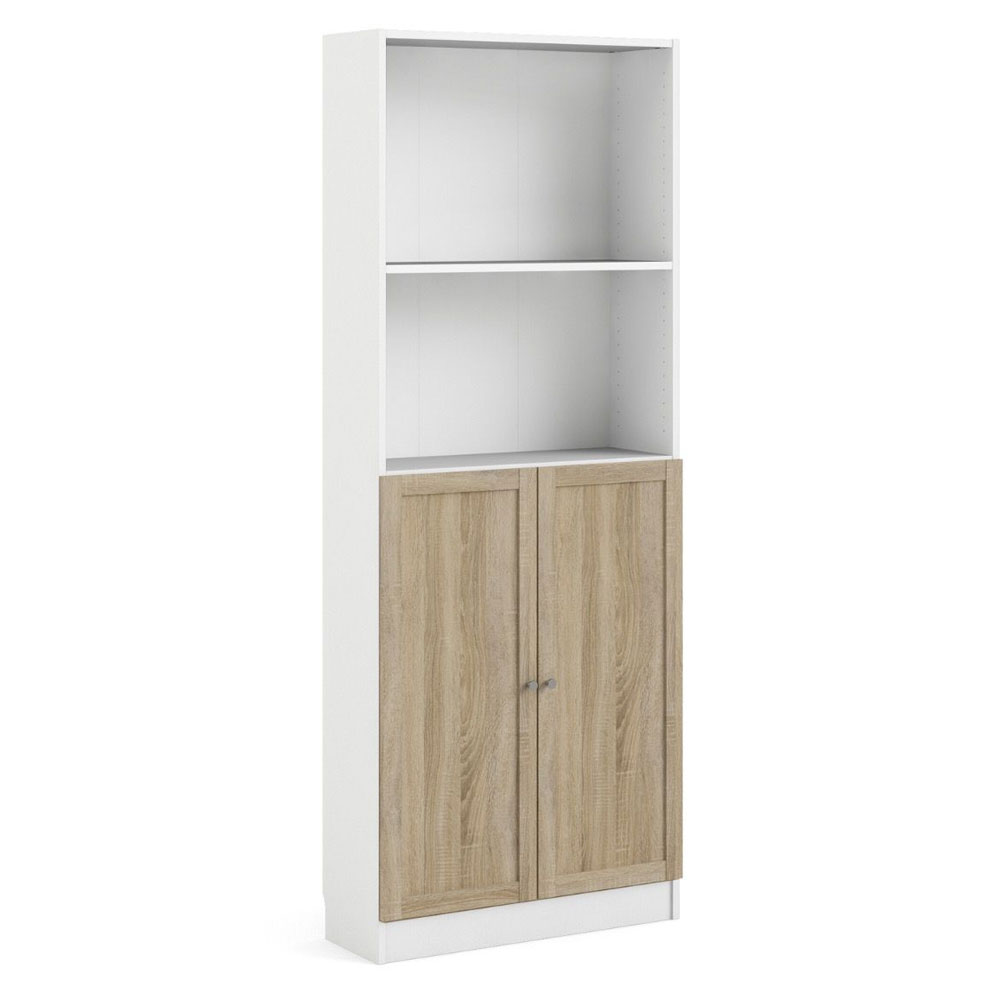 Baskon Tall Wide Wooden Bookcase with 2 Oak Doors in White