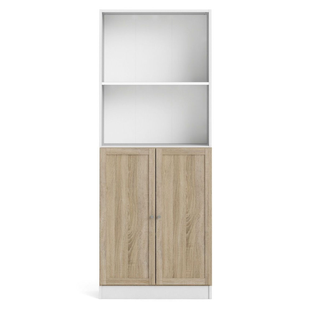 Baskon Tall Wide Wooden Bookcase with 2 Oak Doors in White