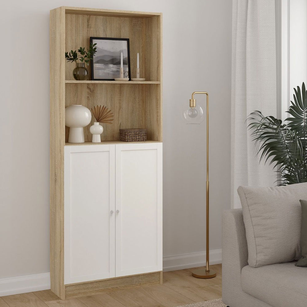 Baskon Tall Wide Wooden Bookcase with 2 White Doors in Oak
