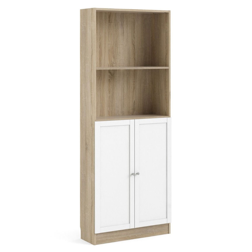 Baskon Tall Wide Wooden Bookcase with 2 White Doors in Oak