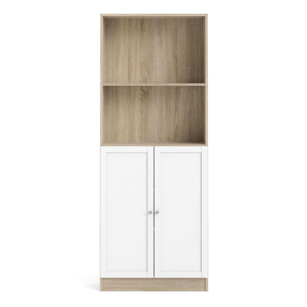 Baskon Tall Wide Wooden Bookcase with 2 White Doors in Oak