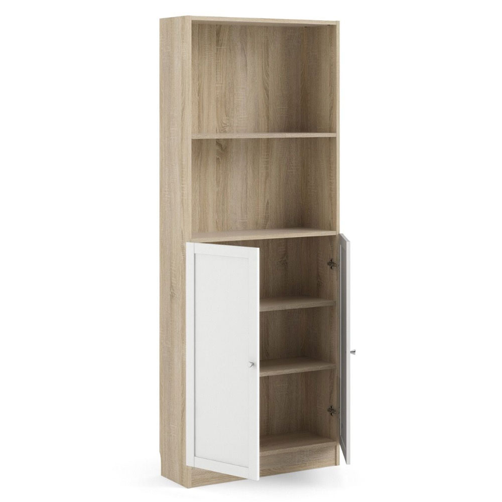 Baskon Tall Wide Wooden Bookcase with 2 White Doors in Oak