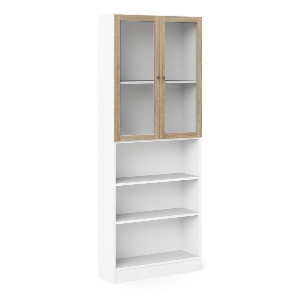 Baskon Tall Wide Wooden Display Cabinet with 2 Oak Glass Doors in White