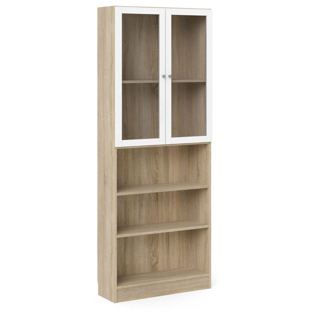 Baskon Tall Wide Wooden Display Cabinet with 2 White Glass Doors in Oak