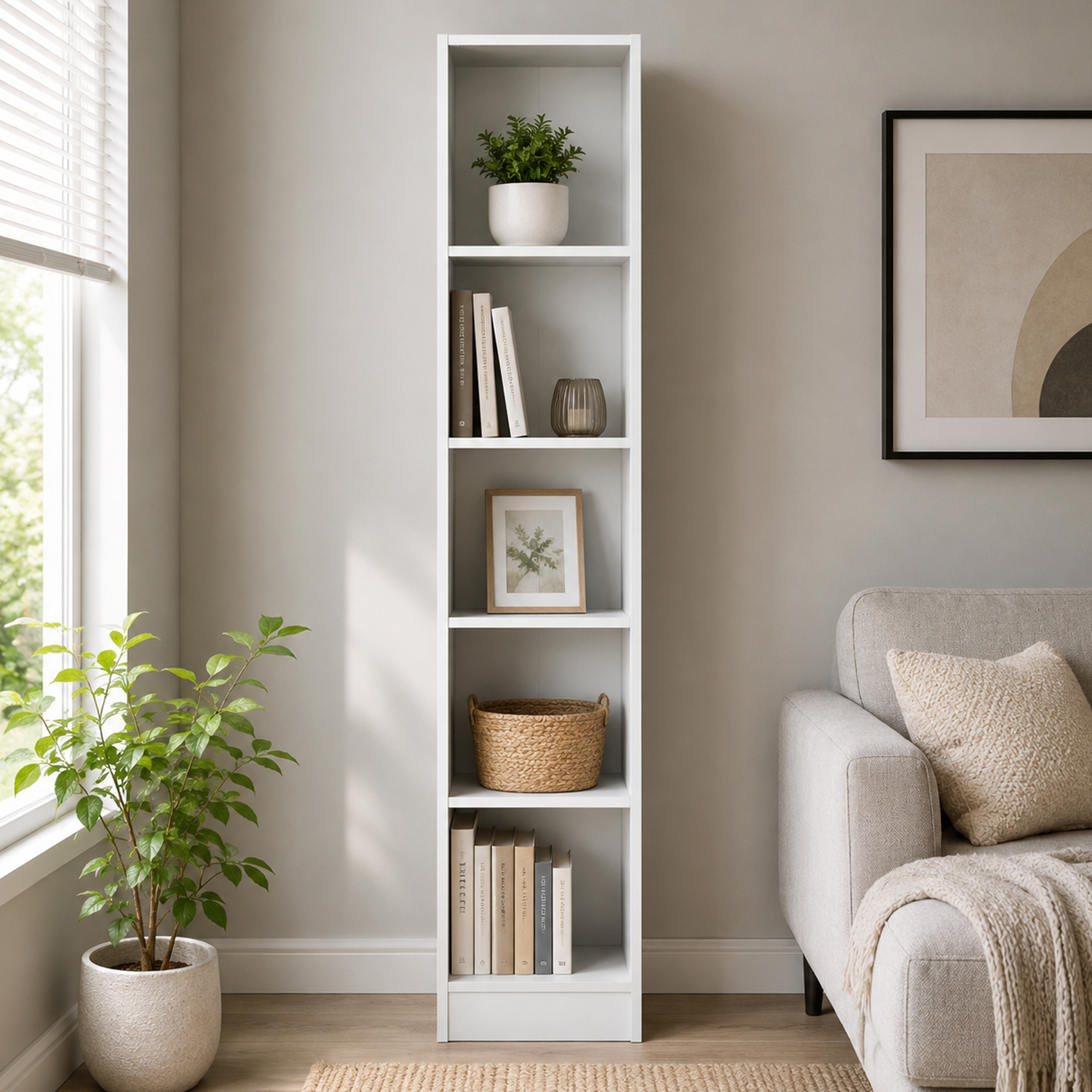 Baskon Narrow Wooden Bookcase With 5 Shelves In White