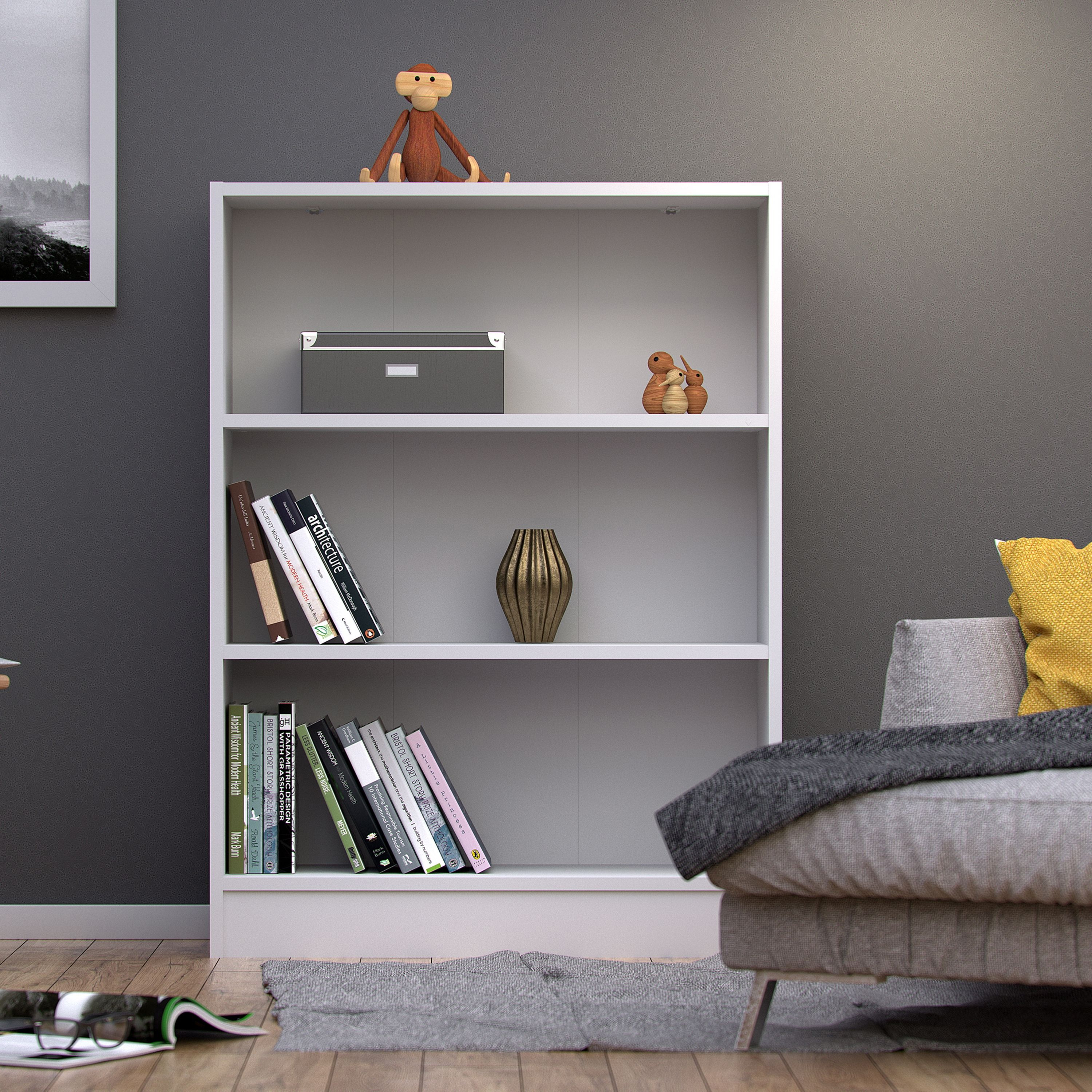 Baskon Wide Wooden Bookcase With 3 Shelves In White