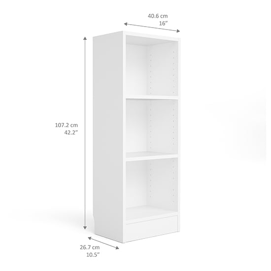 Baskon Wooden Narrow Bookcase With 3 Shelves In White