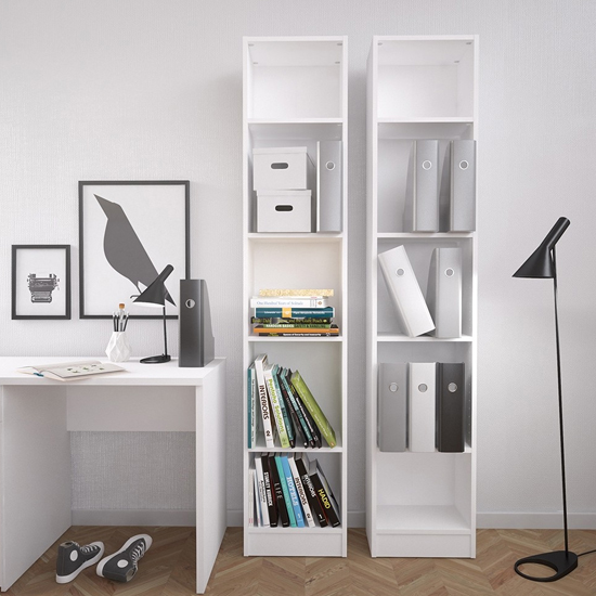 Baskon Wooden Narrow Bookcase With 5 Shelves In White