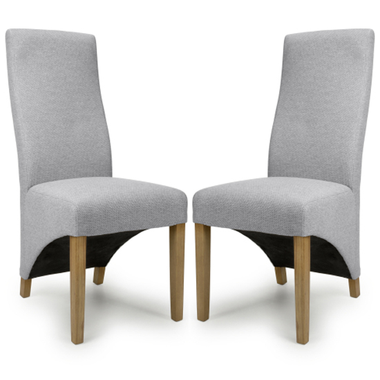 Read more about Basrah light grey fabric dining chairs with oak legs in pair