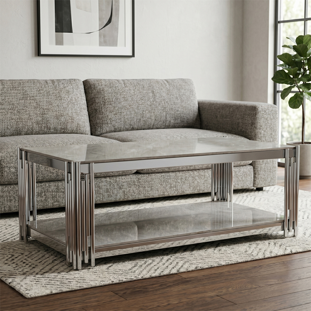 Bastia Grey Sintered Stone Top Coffee Table With Chrome Stainless Steel Frame