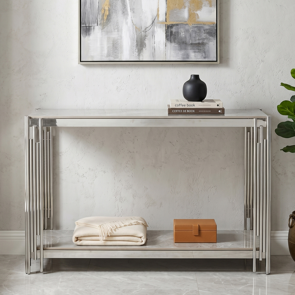 Bastia Grey Sintered Stone Top Console Table With Chrome Stainless Steel Frame