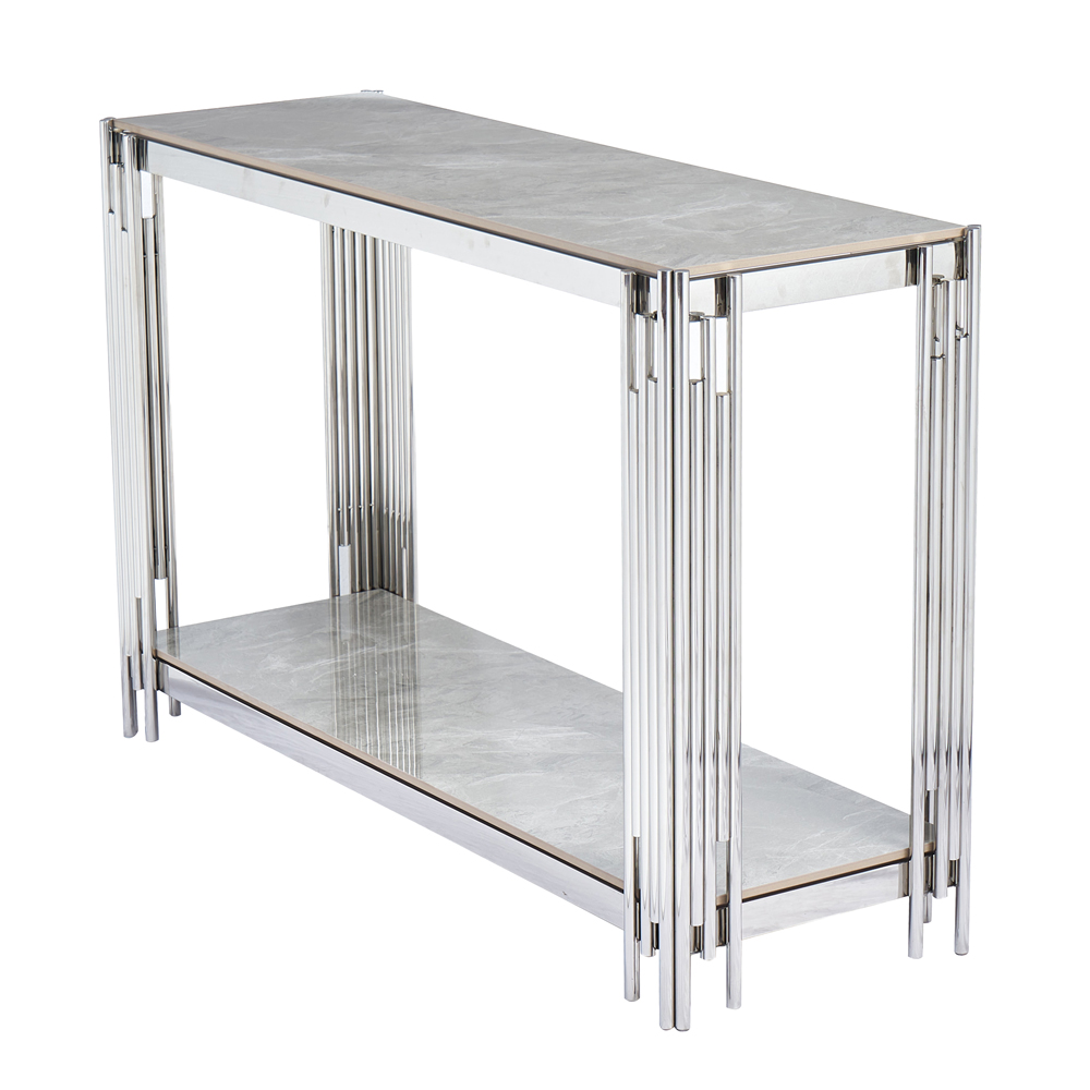 Bastia Grey Sintered Stone Top Console Table With Chrome Stainless Steel Frame