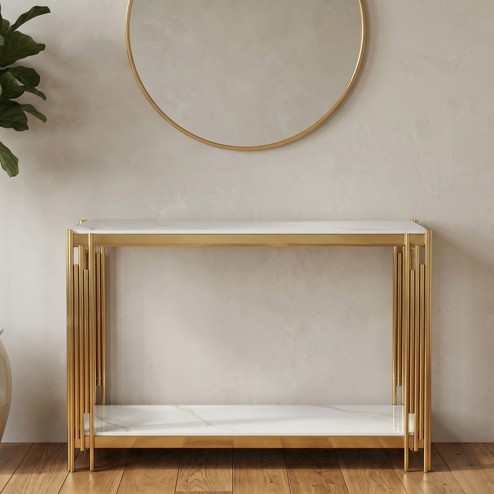 Bastia Grey Sintered Stone Top Console Table With Gold Stainless Steel Frame