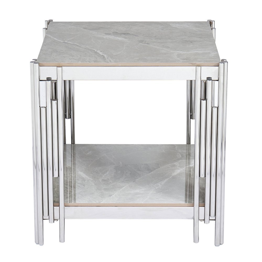 Bastia Grey Sintered Stone Top End Table With Chrome Stainless Steel Frame