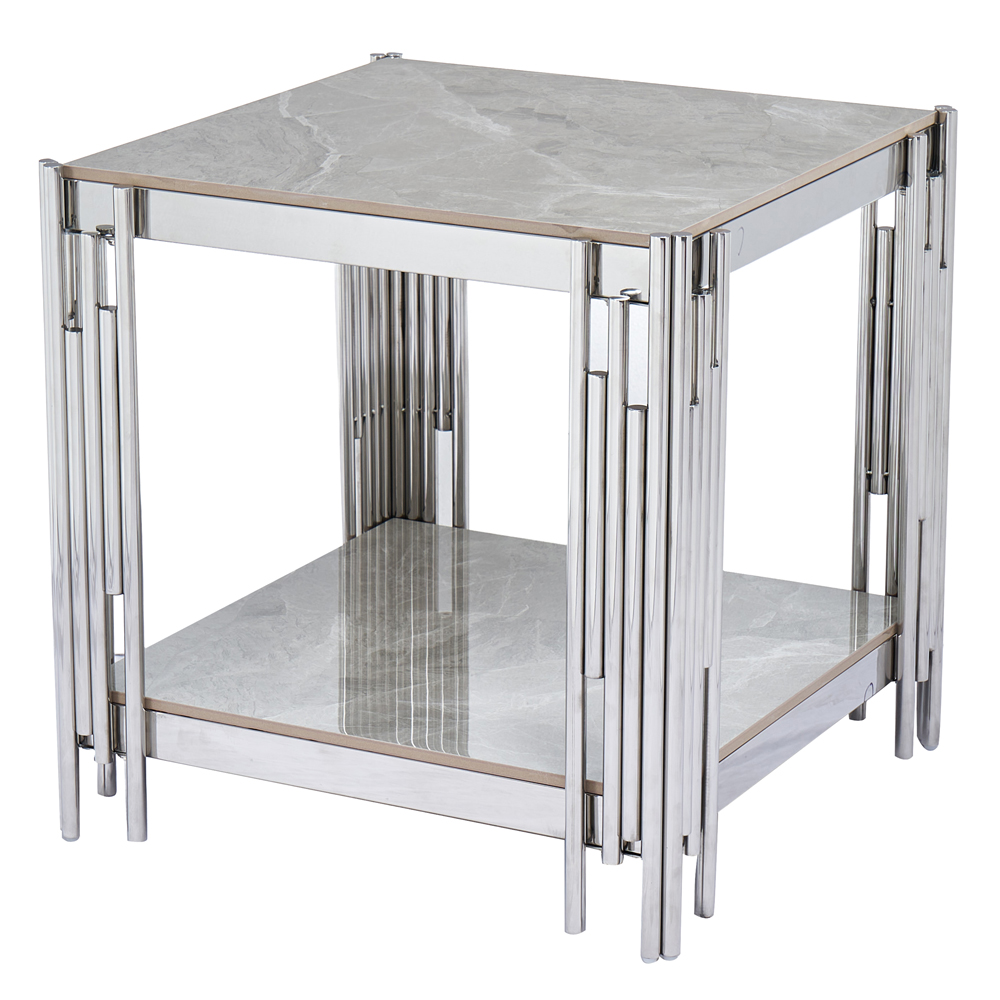 Bastia Grey Sintered Stone Top End Table With Chrome Stainless Steel Frame