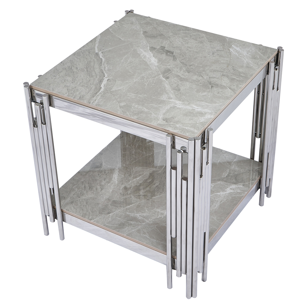 Bastia Grey Sintered Stone Top End Table With Chrome Stainless Steel Frame
