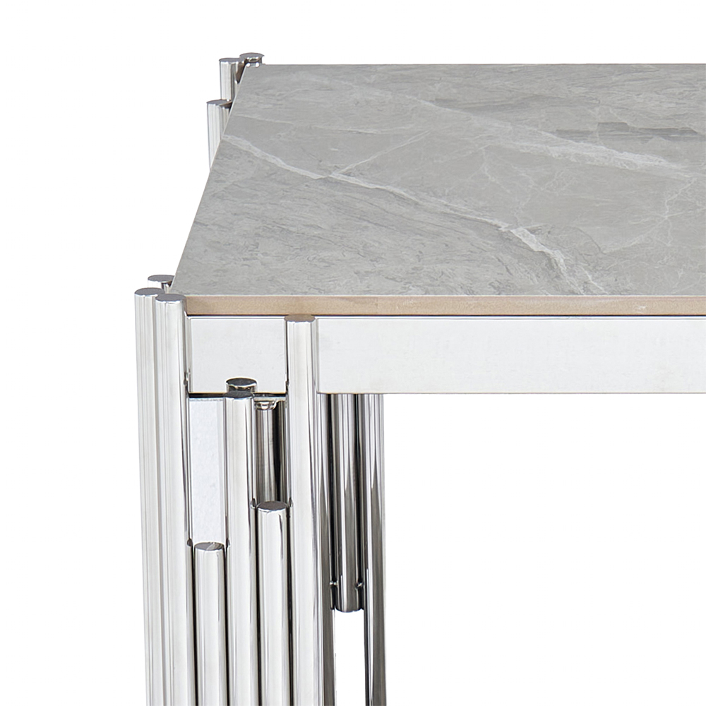 Bastia Grey Sintered Stone Top End Table With Chrome Stainless Steel Frame