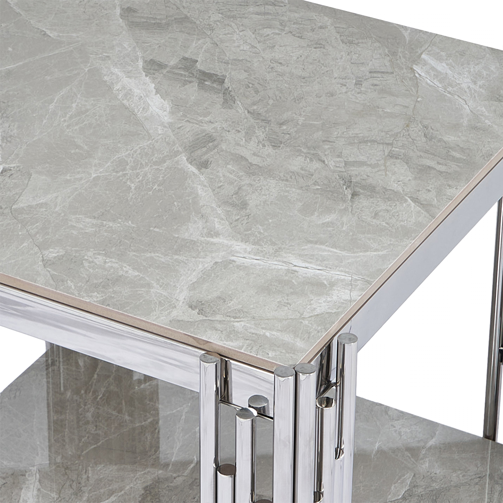 Bastia Grey Sintered Stone Top End Table With Chrome Stainless Steel Frame