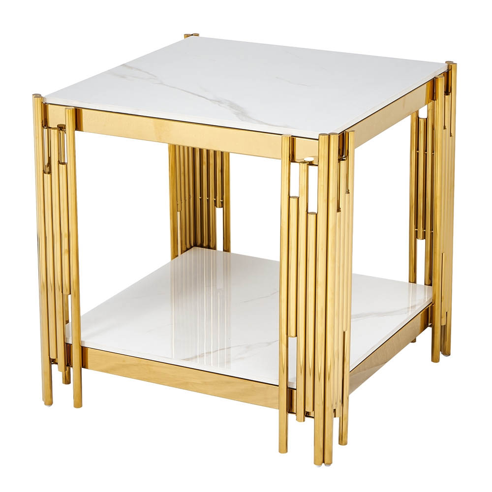 Bastia Grey Sintered Stone Top End Table With Gold Stainless Steel Frame