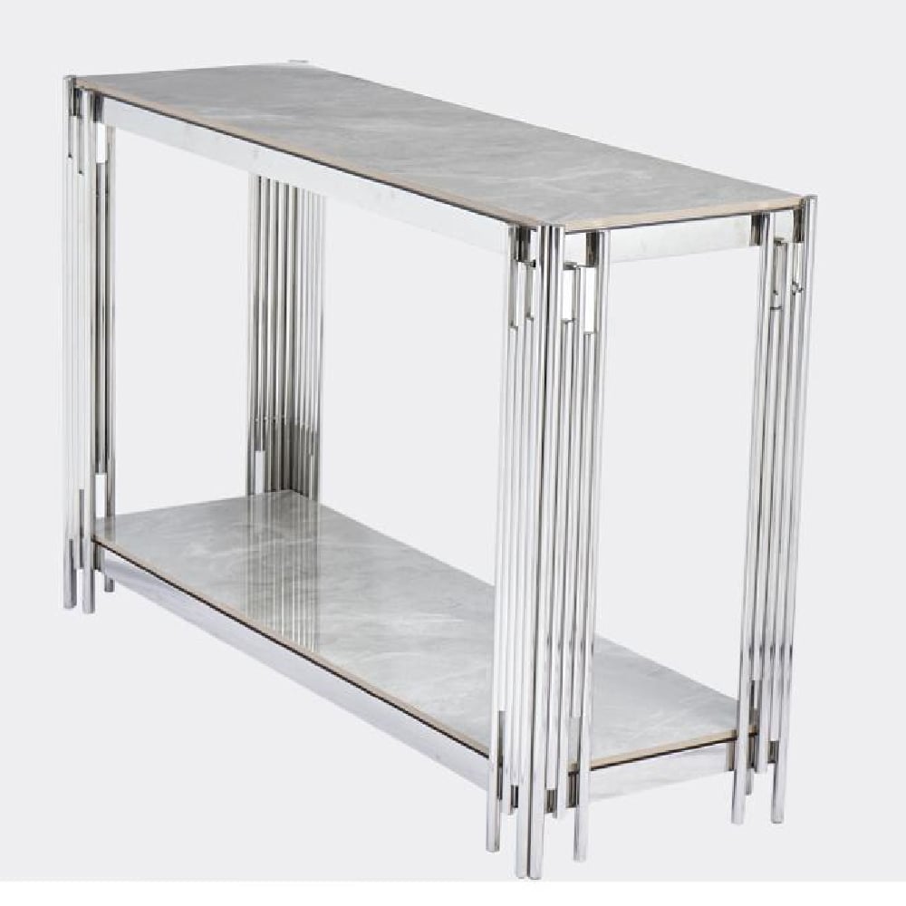 Bastia Sintered Stone Console Table With Chrome Frame In Grey