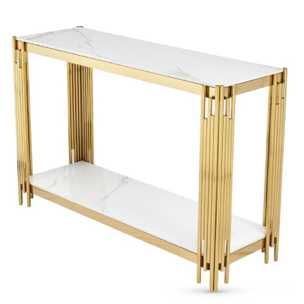 Bastia Sintered Stone Console Table With Gold Frame In White