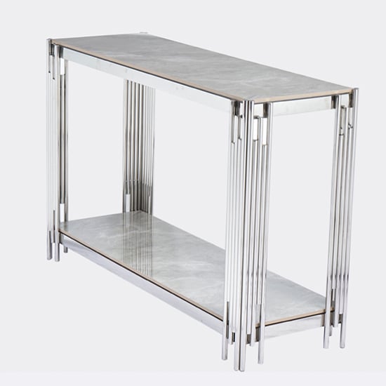 Product photograph of Bastia Sintered Stone Console Table In Grey With Chrome Frame from Furniture in Fashion