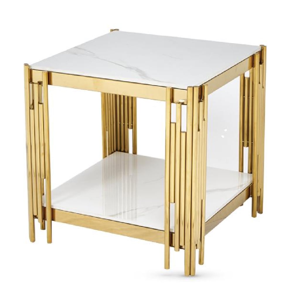 Bastia Sintered Stone End Table With Gold Frame In White
