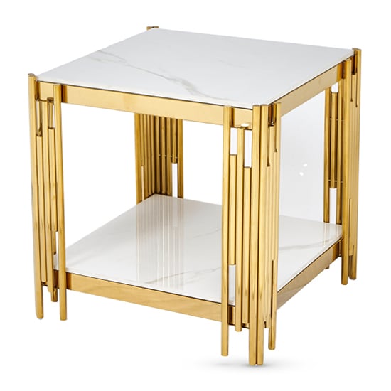 Product photograph of Bastia Sintered Stone End Table In White With Gold Frame from Furniture in Fashion