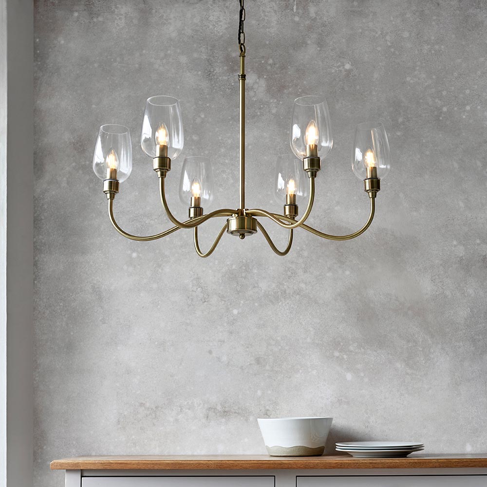 Bastrop 6 Lights Glass Pendant Ceiling Light In Antique Brass
